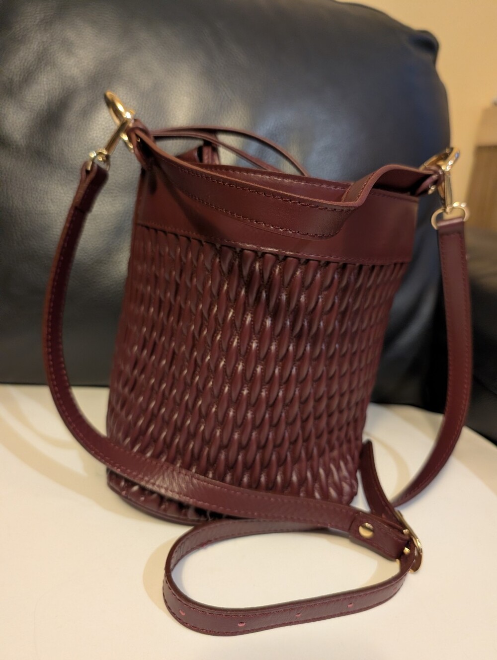 Divina Firenze Quilted Woven Leather Bucket Bag Bordeaux Burgundy Made In Italy